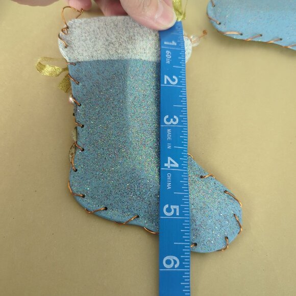 Handmade Blue White 2 Glitter Ornaments Christmas Stocking Metal 5.5" Snowman - Picture 6 of 9